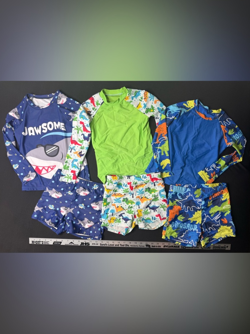 (3)Rash Guard Set with Dino Print Swim Shorts size 6y